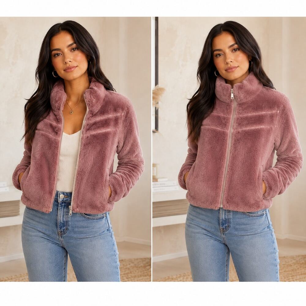Anthropologie Noize Pink Faux Fur Jacket Small Cropped Cozy Glam Y2K Moto Chic